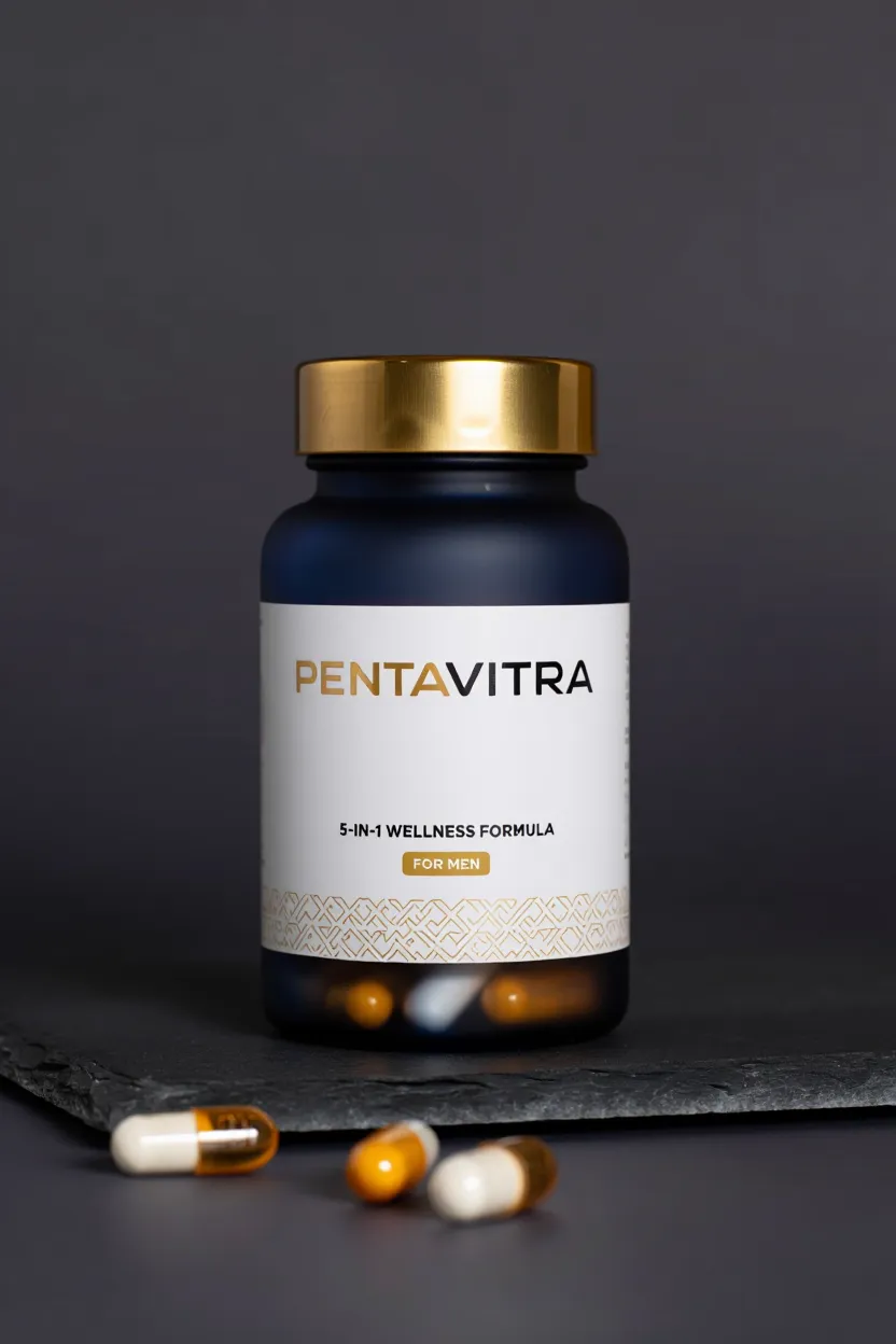Pentavitra supplement bottle with 5-in-1 wellness formula for men